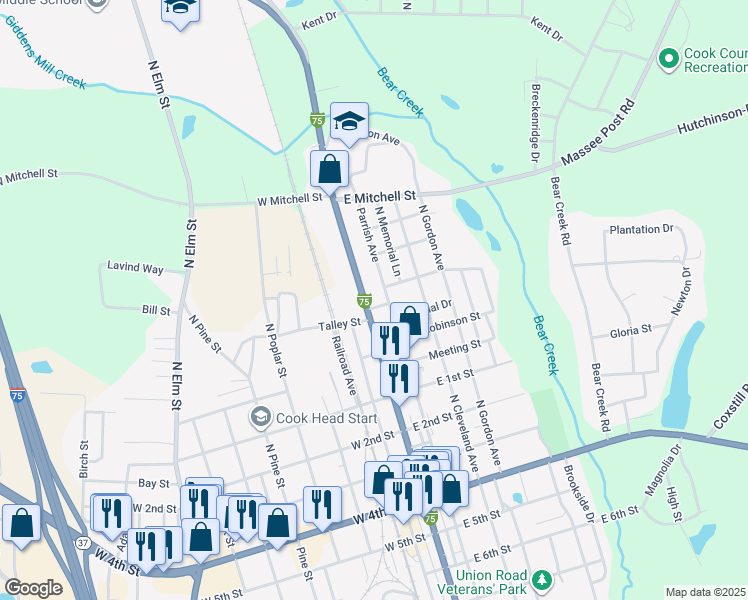 map of restaurants, bars, coffee shops, grocery stores, and more near 103 James Street in Adel