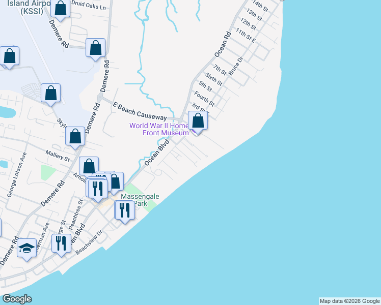 map of restaurants, bars, coffee shops, grocery stores, and more near 7 Sea Oats Lane in St. Simons Island