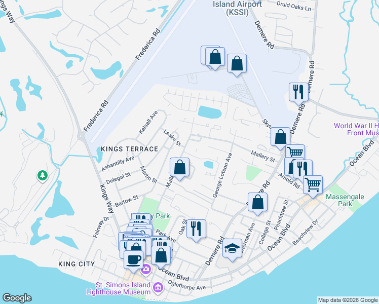 map of restaurants, bars, coffee shops, grocery stores, and more near 850 Mallery Street in St. Simons Island