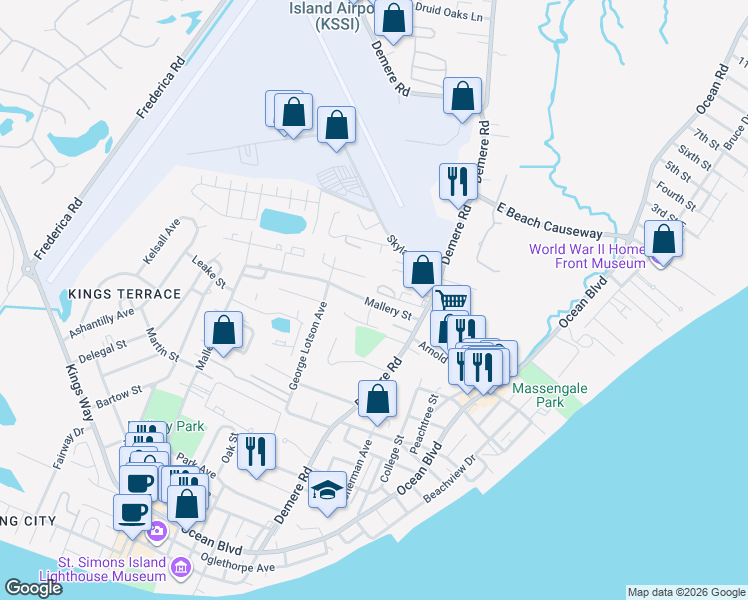 map of restaurants, bars, coffee shops, grocery stores, and more near 1129 Mallery St in St Simons