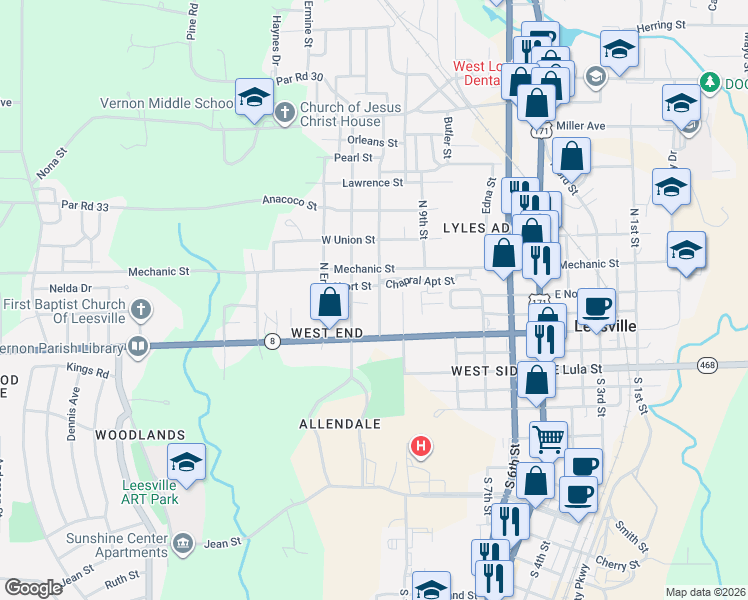 map of restaurants, bars, coffee shops, grocery stores, and more near 705 Short Street in Leesville