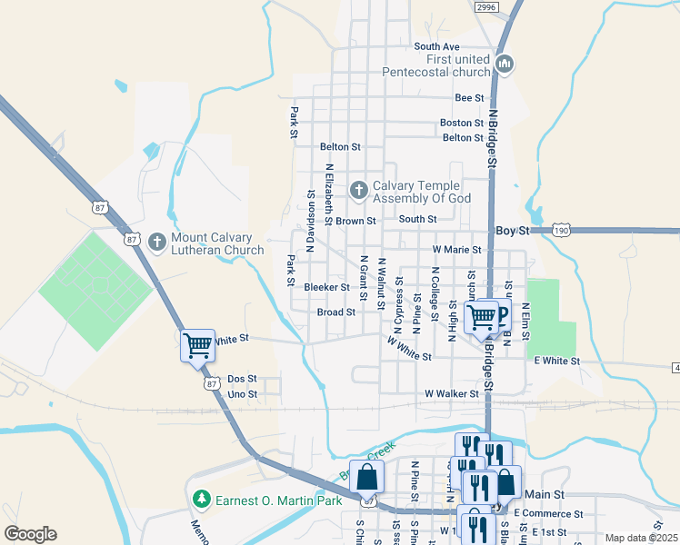 map of restaurants, bars, coffee shops, grocery stores, and more near 1105 North Graham Street in Brady