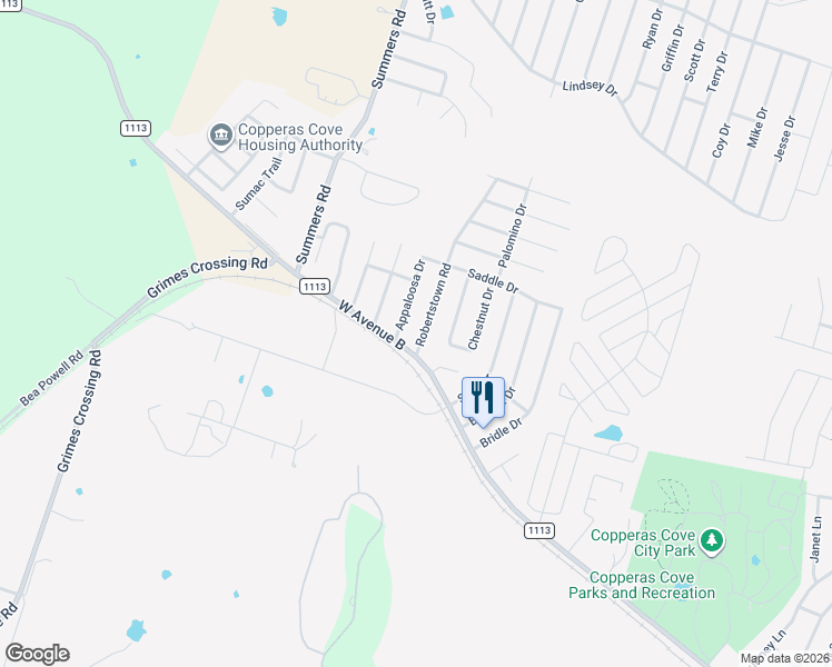 map of restaurants, bars, coffee shops, grocery stores, and more near 207 Robertstown Road in Copperas Cove