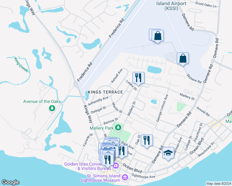 map of restaurants, bars, coffee shops, grocery stores, and more near 308 Ashantilly Avenue in St. Simons Island