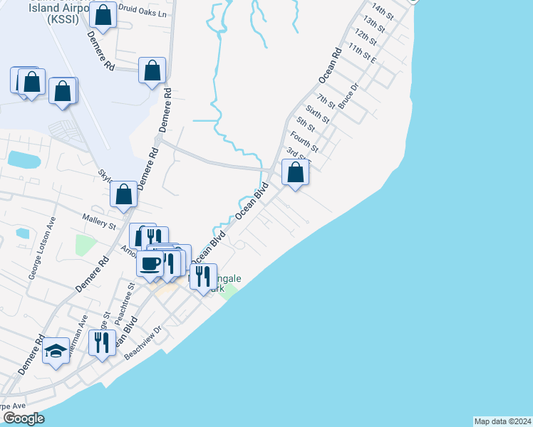 map of restaurants, bars, coffee shops, grocery stores, and more near 231 Olive Way in Saint Simons Island