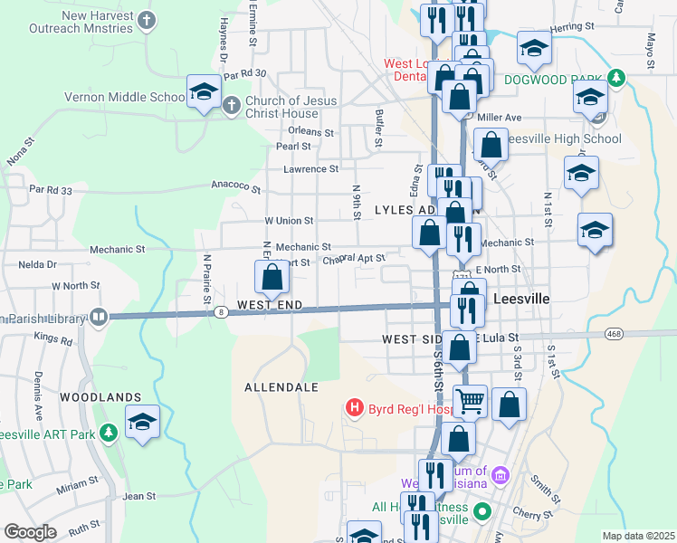map of restaurants, bars, coffee shops, grocery stores, and more near 202 North 10th Street in Leesville