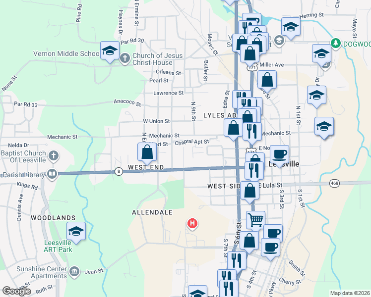 map of restaurants, bars, coffee shops, grocery stores, and more near 206 North 10th Street in Leesville