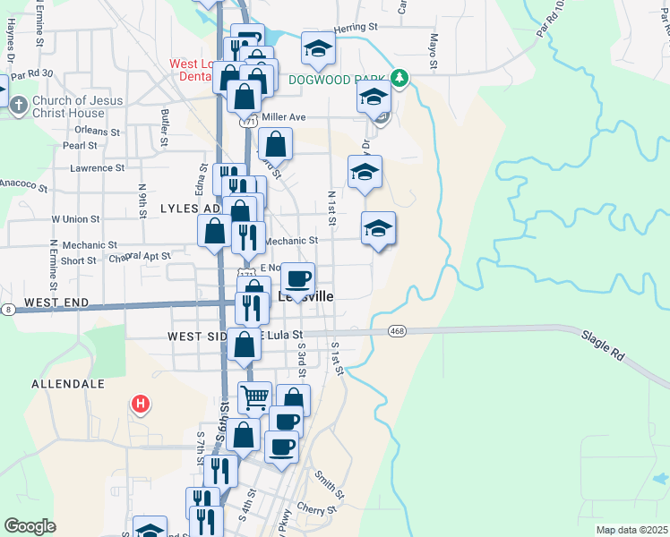 map of restaurants, bars, coffee shops, grocery stores, and more near 507 East North Street in Leesville