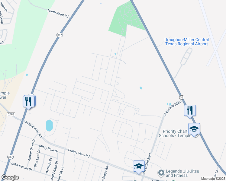 map of restaurants, bars, coffee shops, grocery stores, and more near 2426 North Pea Ridge Road in Temple