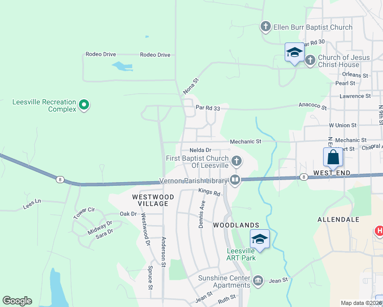 map of restaurants, bars, coffee shops, grocery stores, and more near 101 Nelda Drive in Leesville