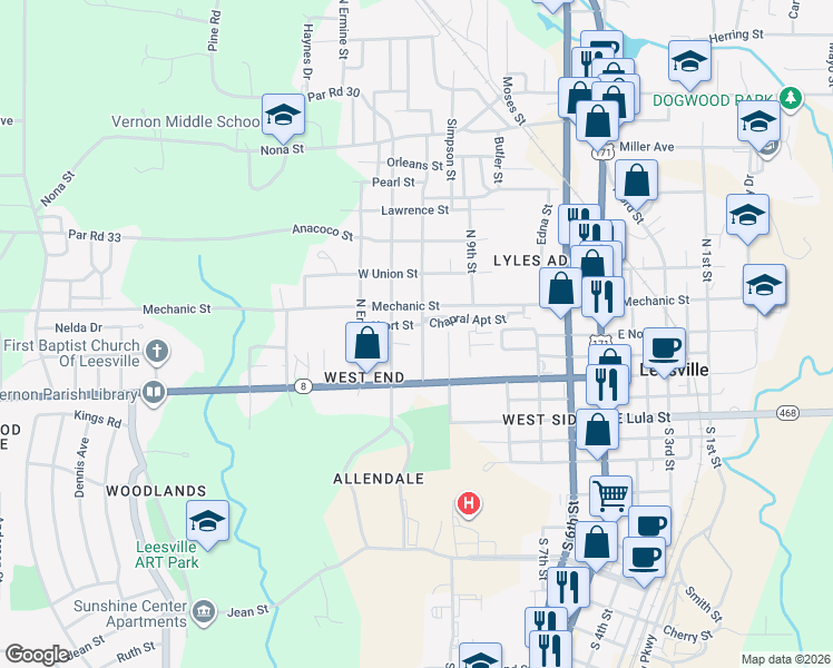 map of restaurants, bars, coffee shops, grocery stores, and more near 231 North Gladys Street in Leesville