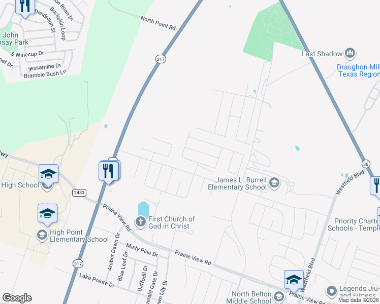 map of restaurants, bars, coffee shops, grocery stores, and more near 9335 Texas 317 in Temple