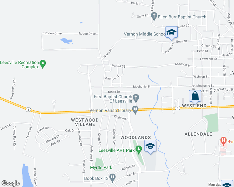 map of restaurants, bars, coffee shops, grocery stores, and more near 111 Nelda Drive in Leesville