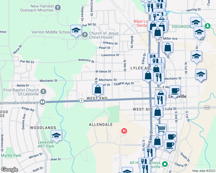 map of restaurants, bars, coffee shops, grocery stores, and more near 705 Short Street in Leesville