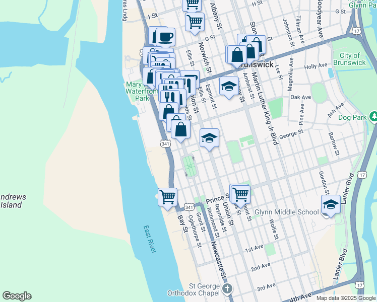 map of restaurants, bars, coffee shops, grocery stores, and more near 1120 Newcastle Street in Brunswick