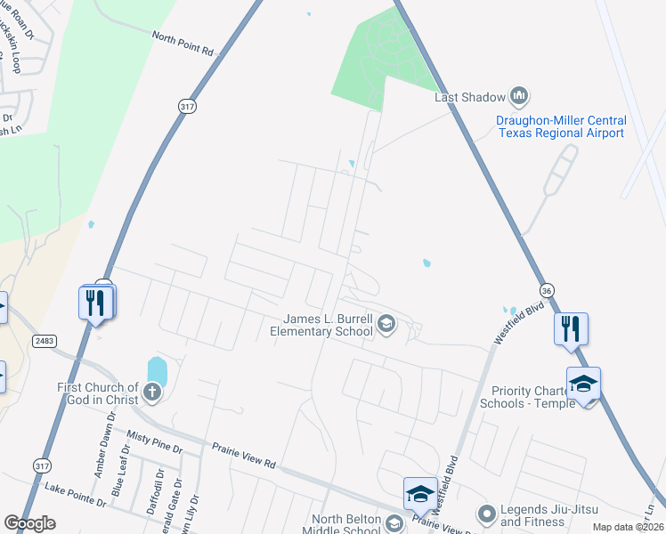 map of restaurants, bars, coffee shops, grocery stores, and more near 2426 North Pea Ridge Road in Temple