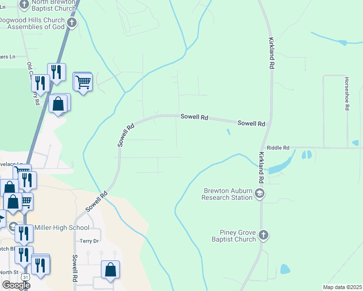 map of restaurants, bars, coffee shops, grocery stores, and more near 144 Joyner Lane in Brewton