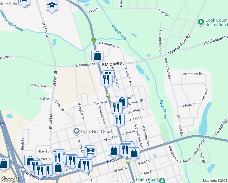 map of restaurants, bars, coffee shops, grocery stores, and more near 103 James St in Adel