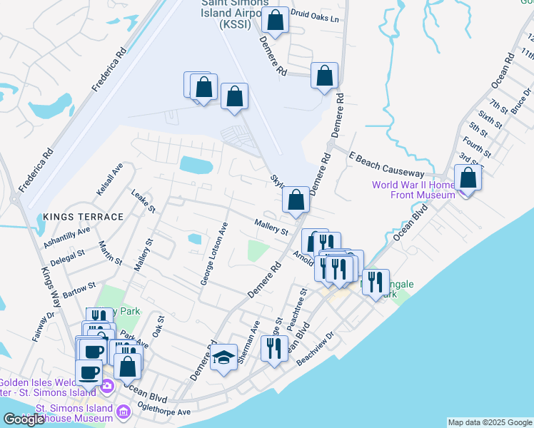 map of restaurants, bars, coffee shops, grocery stores, and more near 650 Wilson Circle in Saint Simons Island