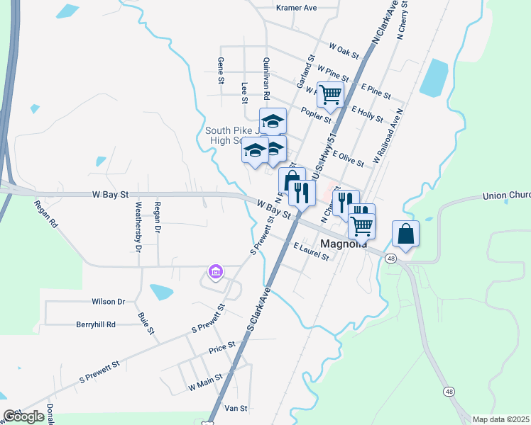 map of restaurants, bars, coffee shops, grocery stores, and more near 104 South Prewett Street in Magnolia