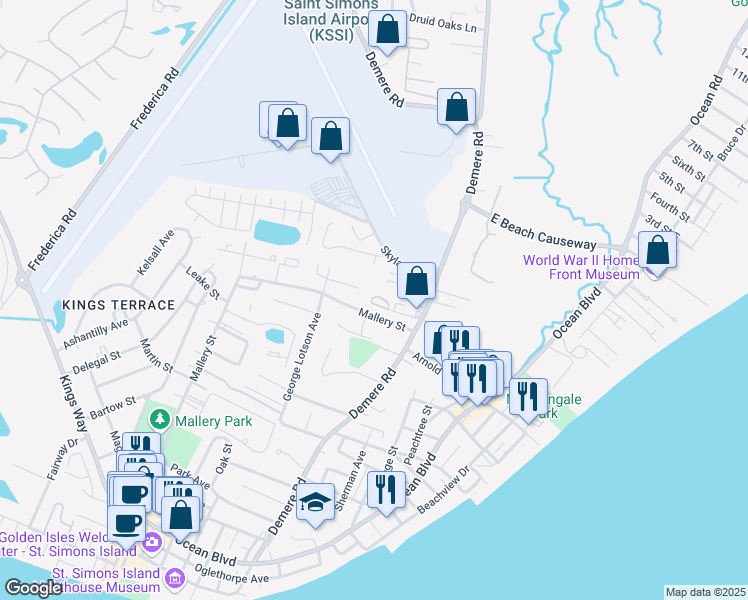 map of restaurants, bars, coffee shops, grocery stores, and more near 650 Wilson Circle in Saint Simons Island