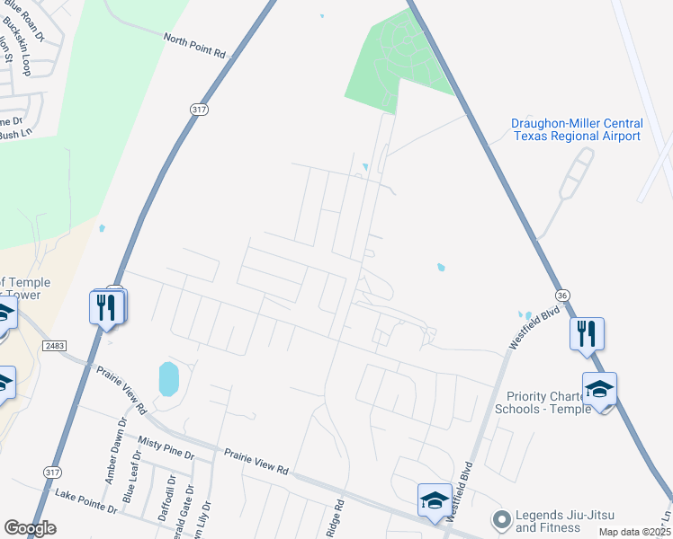 map of restaurants, bars, coffee shops, grocery stores, and more near 2426 North Pea Ridge Road in Temple