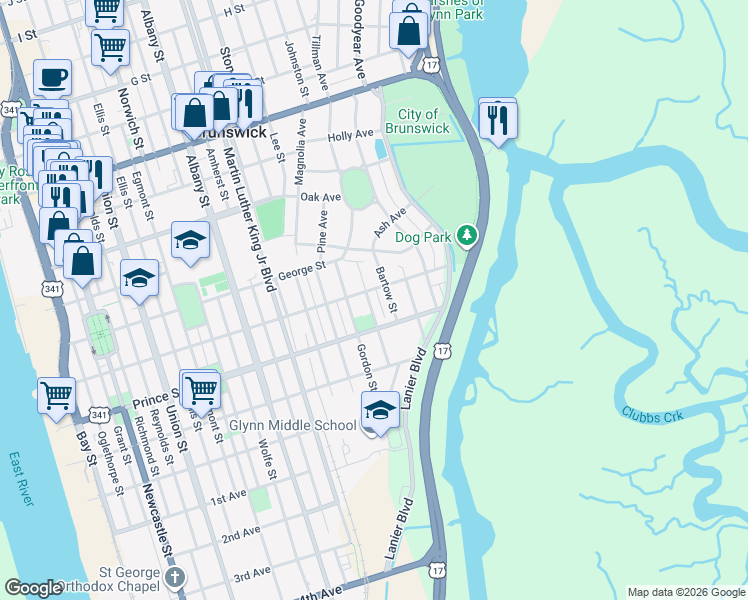 map of restaurants, bars, coffee shops, grocery stores, and more near 912 Johnston Street in Brunswick