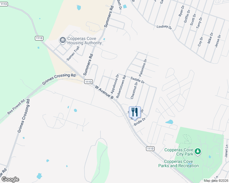 map of restaurants, bars, coffee shops, grocery stores, and more near 207 Robertstown Road in Copperas Cove