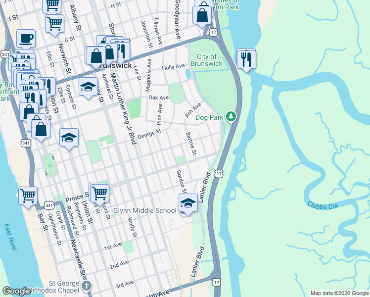 map of restaurants, bars, coffee shops, grocery stores, and more near 912 Johnston Street in Brunswick