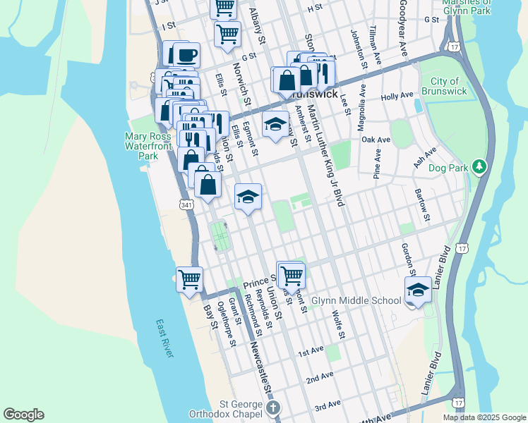 map of restaurants, bars, coffee shops, grocery stores, and more near 805 George Street in Brunswick