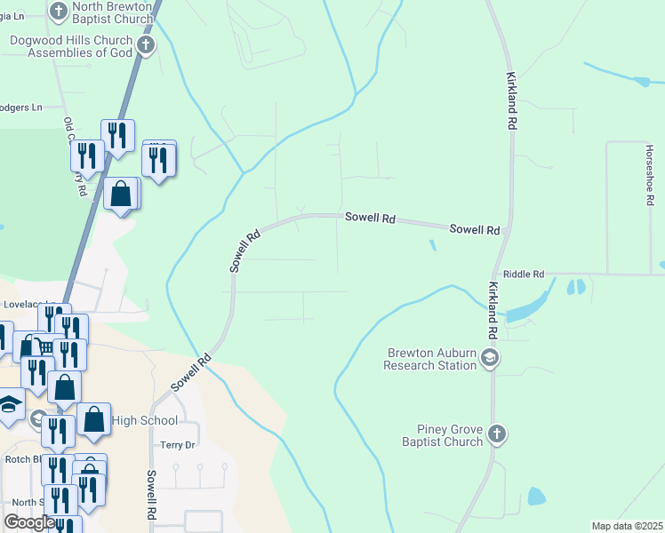 map of restaurants, bars, coffee shops, grocery stores, and more near 144 Joyner Lane in Brewton