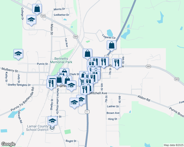 map of restaurants, bars, coffee shops, grocery stores, and more near 11 Purvis Oloh Road in Purvis