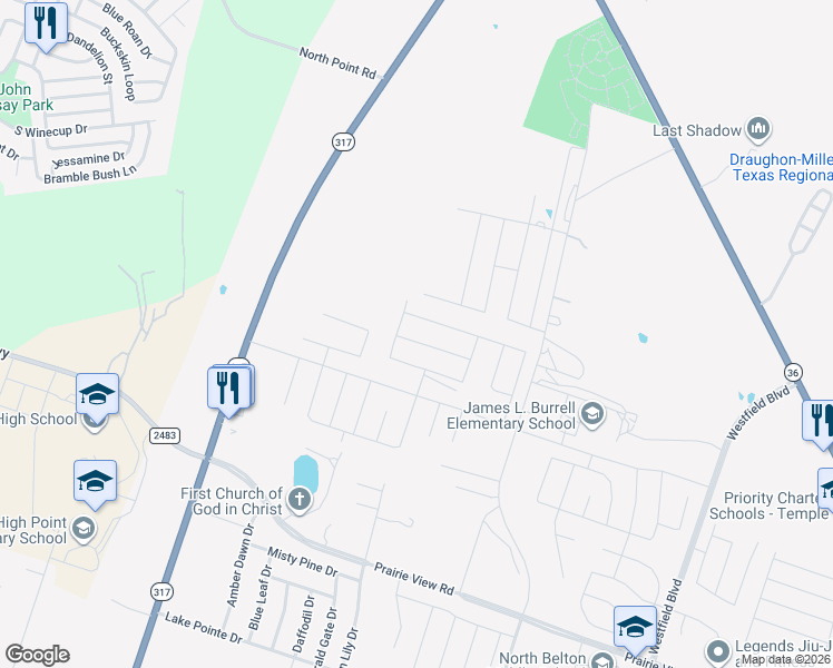 map of restaurants, bars, coffee shops, grocery stores, and more near 9335 Texas 317 in Temple