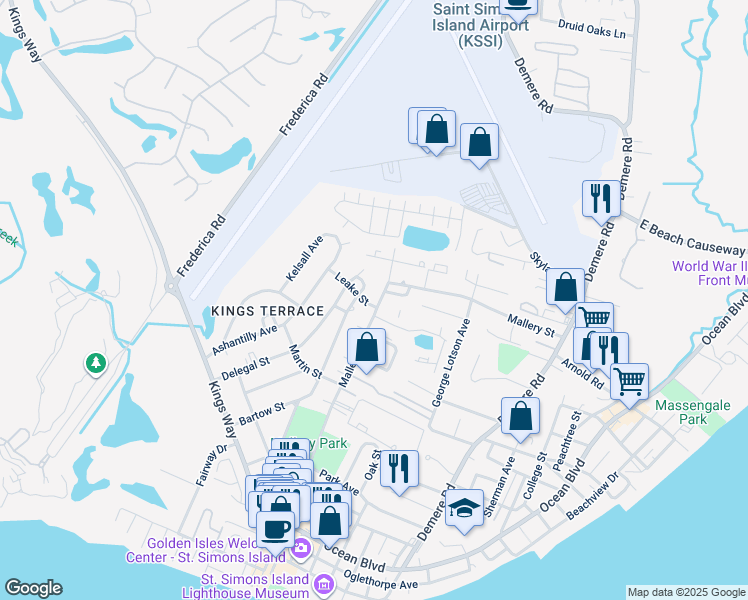 map of restaurants, bars, coffee shops, grocery stores, and more near 809 Mallery Street in St. Simons Island