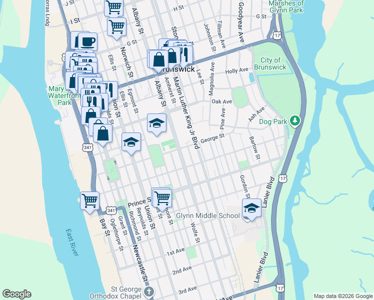 map of restaurants, bars, coffee shops, grocery stores, and more near 1017 Albany Street in Brunswick