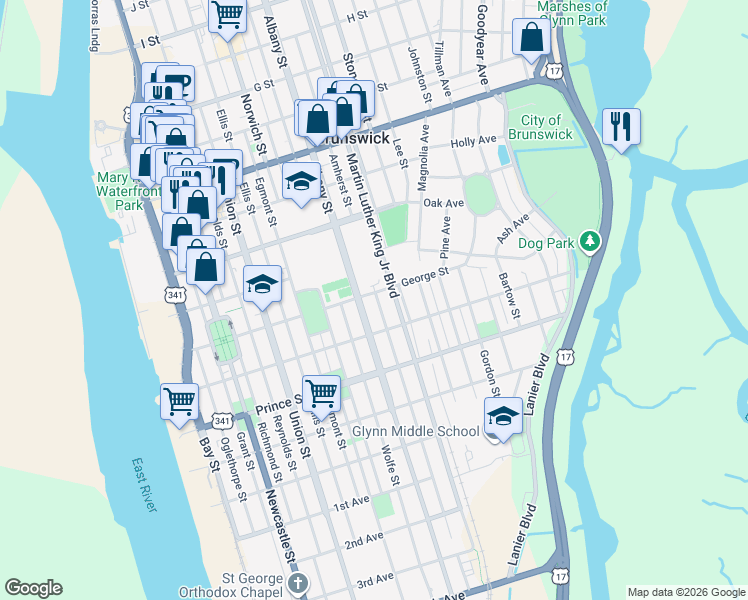 map of restaurants, bars, coffee shops, grocery stores, and more near 1017 Albany Street in Brunswick