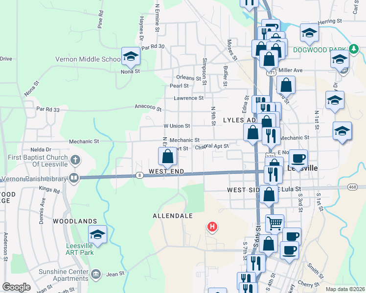 map of restaurants, bars, coffee shops, grocery stores, and more near 705 Short Street in Leesville