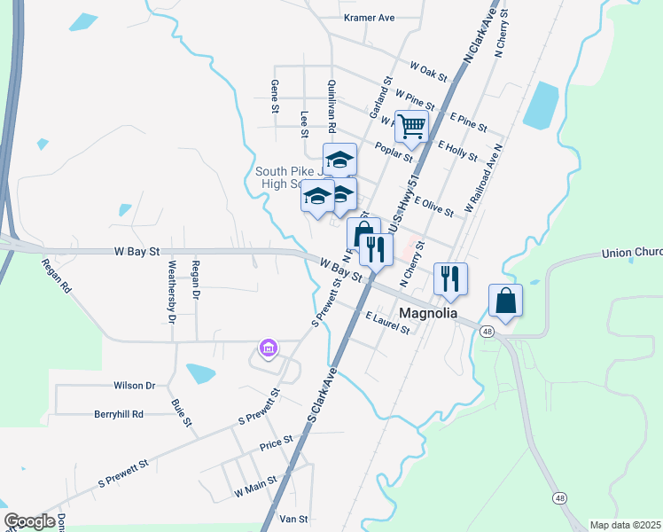 map of restaurants, bars, coffee shops, grocery stores, and more near 104 S Prewett St in Magnolia