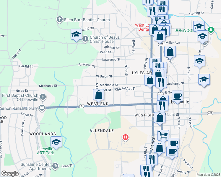 map of restaurants, bars, coffee shops, grocery stores, and more near 705 Short Street in Leesville