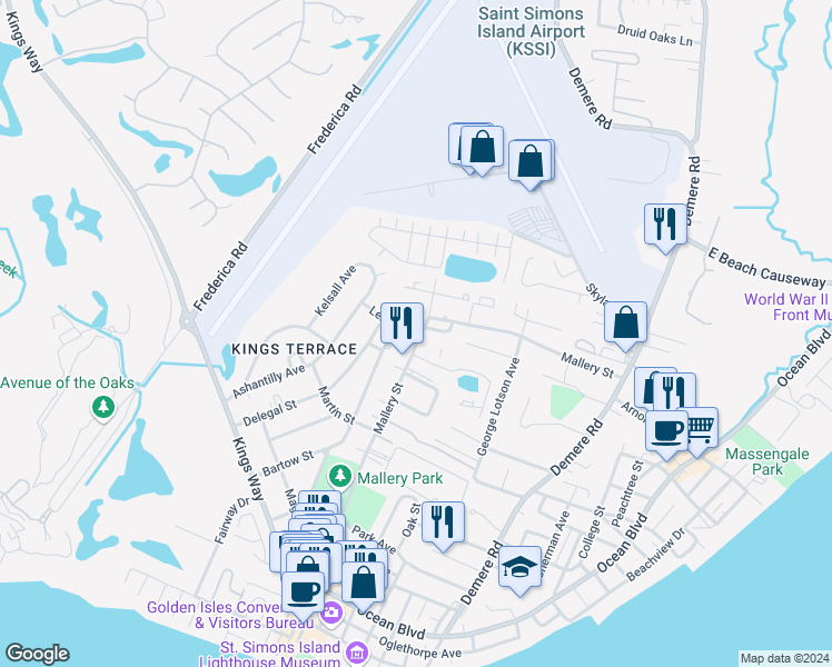 map of restaurants, bars, coffee shops, grocery stores, and more near 809 Mallery Street in St. Simons Island