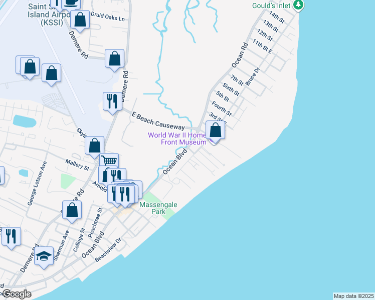 map of restaurants, bars, coffee shops, grocery stores, and more near 1536 Ocean Boulevard in Saint Simons Island