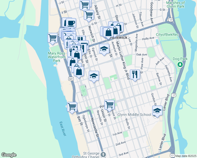 map of restaurants, bars, coffee shops, grocery stores, and more near 1122 Ellis Street in Brunswick