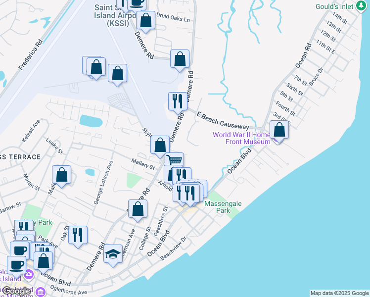 map of restaurants, bars, coffee shops, grocery stores, and more near 117 Southpoint Drive in St. Simons Island