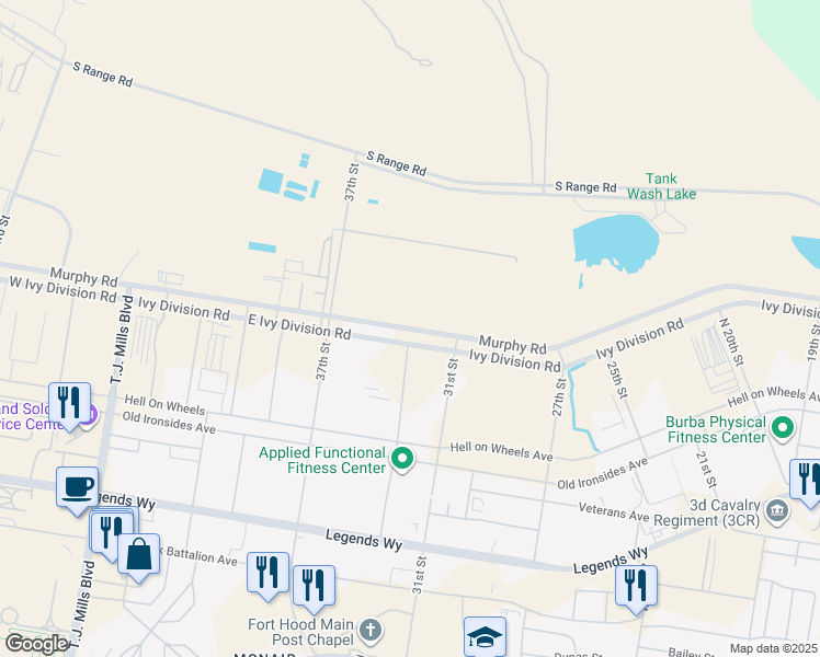 map of restaurants, bars, coffee shops, grocery stores, and more near Murphy Road in Fort Cavazos