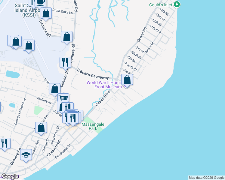map of restaurants, bars, coffee shops, grocery stores, and more near 1558 Ocean Boulevard in St. Simons Island