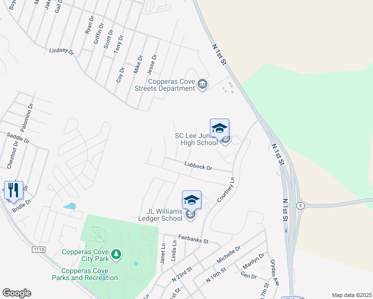 map of restaurants, bars, coffee shops, grocery stores, and more near 1302 Briscoe Court in Copperas Cove