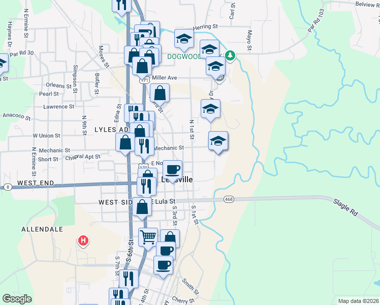 map of restaurants, bars, coffee shops, grocery stores, and more near 304 North 1st Street in Leesville