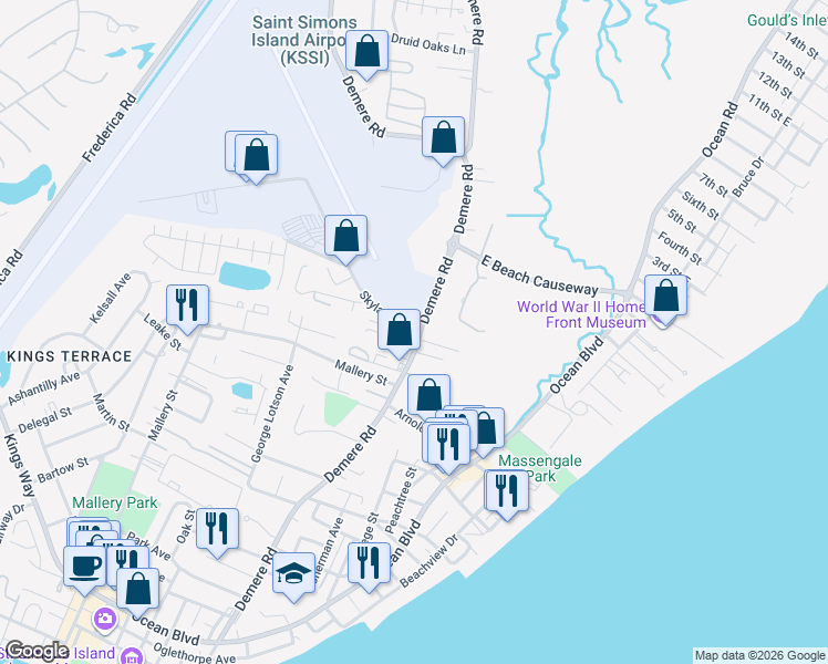 map of restaurants, bars, coffee shops, grocery stores, and more near 1448 Demere Road in St. Simons Island