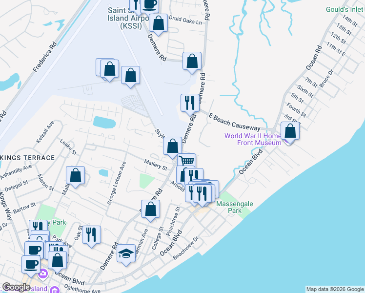 map of restaurants, bars, coffee shops, grocery stores, and more near 1448 Demere Road in St. Simons Island
