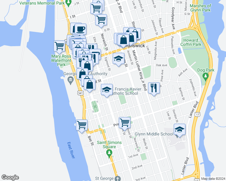 map of restaurants, bars, coffee shops, grocery stores, and more near 1201 Egmont St in Brunswick